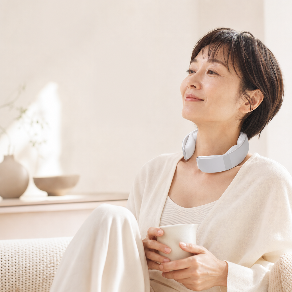 SUMORI Cooling Gel Packを首もとに着用して休む女性